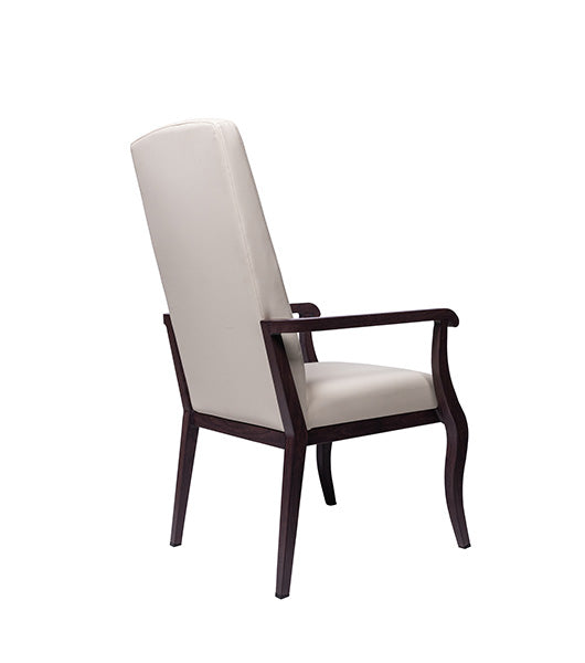 Resident arm chair for assisted living furniture - three-quarter front angle view displaying beige fabric upholstery, wooden armrests and frame