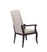 Resident arm chair for assisted living furniture - three-quarter front angle view displaying beige fabric upholstery, wooden armrests and frame