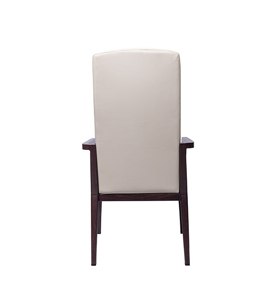 Resident arm chair for assisted living furniture - high-back chair with beige upholstery and wooden frame, rear view showing full backrest height