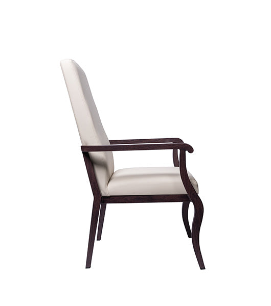 Resident arm chair for assisted living furniture - side profile view showing beige upholstered seat and backrest with wooden armrests and frame