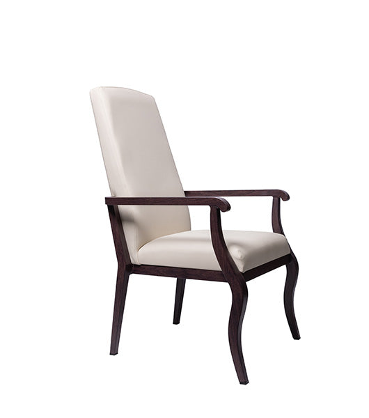Resident arm chair for assisted living furniture - side angle view highlighting wooden armrests and beige upholstery