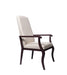 Resident arm chair for assisted living furniture - side angle view highlighting wooden armrests and beige upholstery