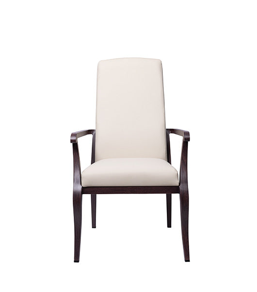 Resident arm chair for assisted living furniture - straight front view showcasing high backrest, beige upholstery, and wooden frame 