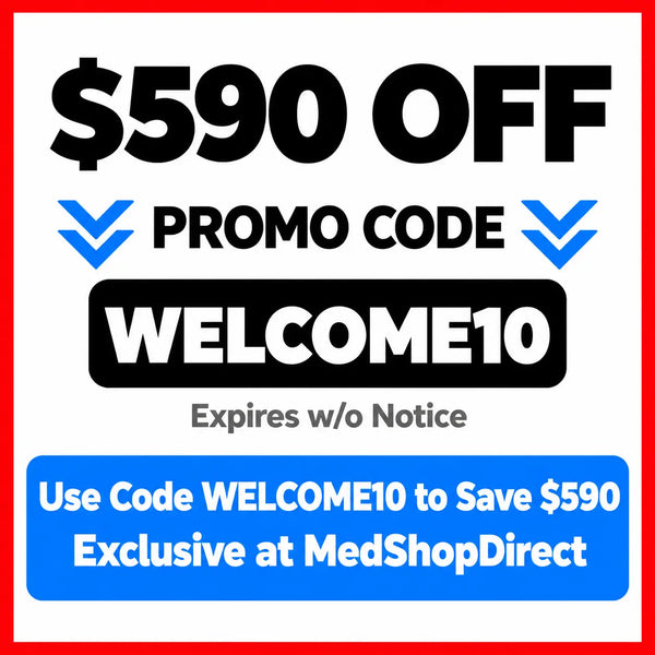 $590 off promotional banner with promo code WELCOME10, exclusive discount at MedShopDirect, limited time offer
