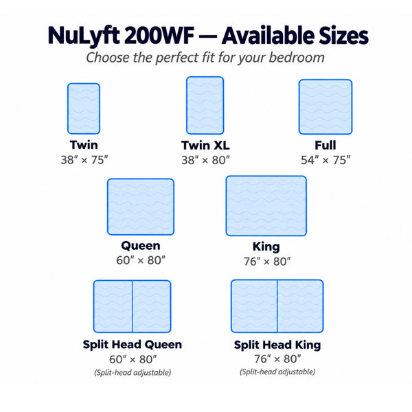 NuLyft 200WF available sizes — Twin, Twin XL, Full, Queen, King, Split Head Queen, and Split Head King with dimensions