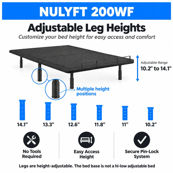 NuLyft 200WF adjustable bed base with 6 leg height positions from 10.2 inches to 14.1 inches customize bed height for easy access with secure pin-lock system and no tools required
