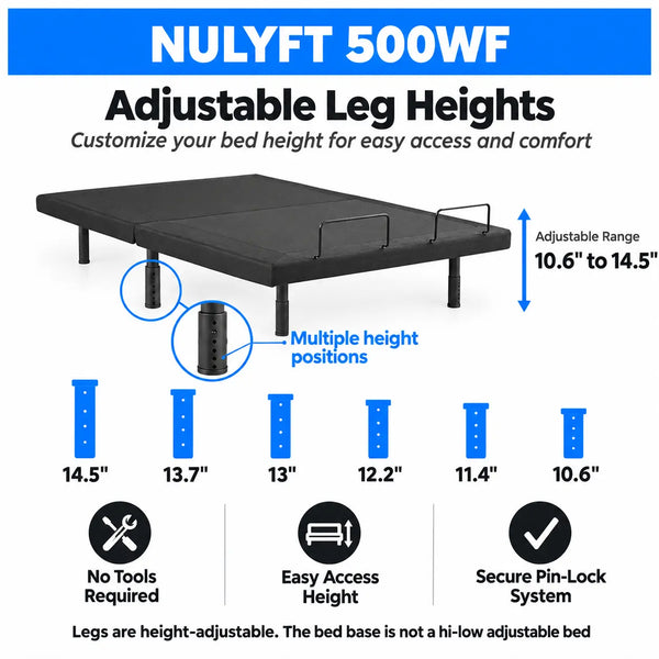 NuLyft 500WF Adjustable Leg Heights — 6 height positions from 10.6 inches to 14.5 inches with secure pin-lock system and tool-free assembly