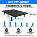 NuLyft 600WF adjustable bed base leg height options showing 6 positions from 10.6 inches to 14.5 inches with pin-lock system, no tools required