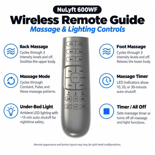 NuLyft 600WF wireless remote guide for massage and lighting controls including back and foot massage with 3 intensity levels, massage modes, under-bed light, and timer auto-shutoff
