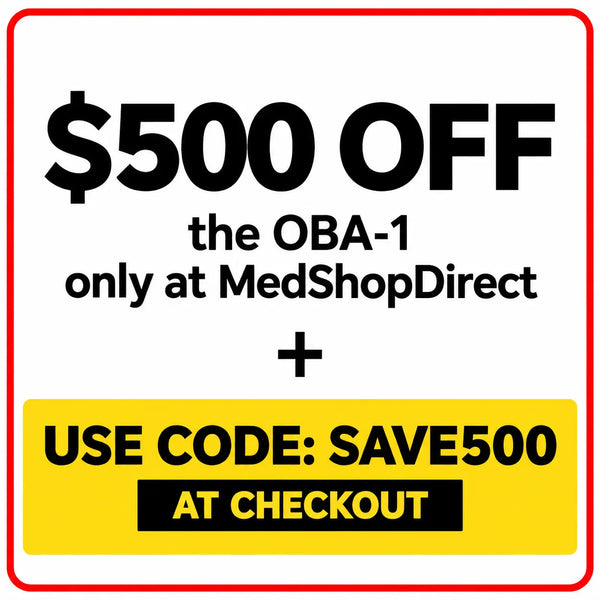 MedShopDirect promotional banner offering $500 off the Infinium OBA-1 Portable Anesthesia Machine with discount code SAVE500 at checkout