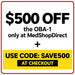MedShopDirect promotional banner offering $500 off the Infinium OBA-1 Portable Anesthesia Machine with discount code SAVE500 at checkout