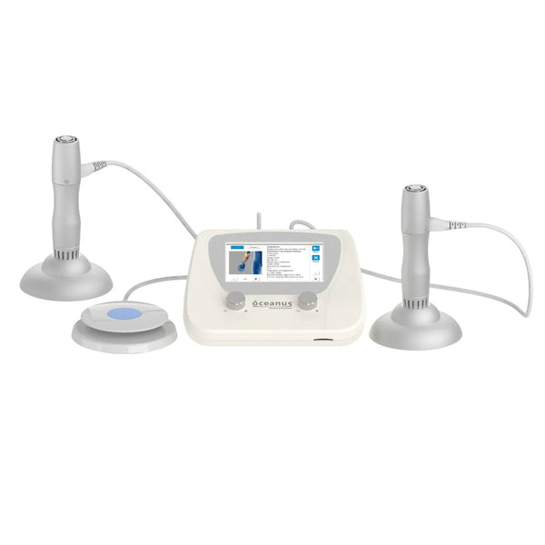 Front view of the Oceanus PhysioPRO portable shockwave machine with two connected therapy handles resting on pedestals and a foot switch.
