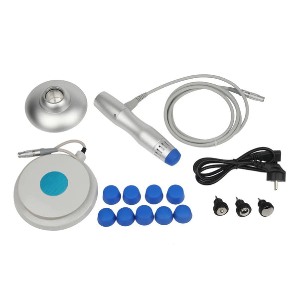 Lay flat view of the Oceanus PhysioPRO shockwave therapy accessories, including the handle, pedestal, foot switch, power cord, and multiple blue silicone treatment caps.