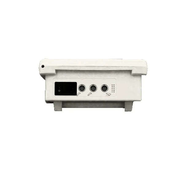Back view of the white Oceanus PhysioPRO shockwave therapy control unit, showing the power switch and input ports for connecting the handle and foot switch.