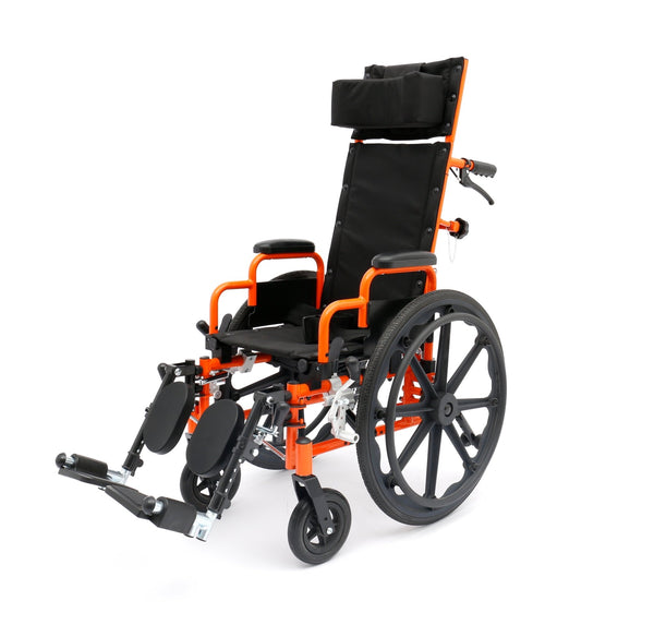 Three-quarter view of an orange Ziggo Pro pediatric wheelchair with a 12-inch seat width and a 150 lb weight capacity, featuring a black padded headrest and elevating leg rests.