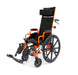 Three-quarter view of an orange Ziggo Pro pediatric wheelchair with a 12-inch seat width and a 150 lb weight capacity, featuring a black padded headrest and elevating leg rests.