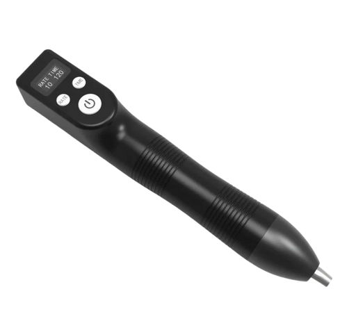 Oceanus PhysioLITE III shockwave therapy device shown in three-quarter view, featuring the ergonomic black design with ribbed grip areas and metallic treatment tip for therapeutic applications