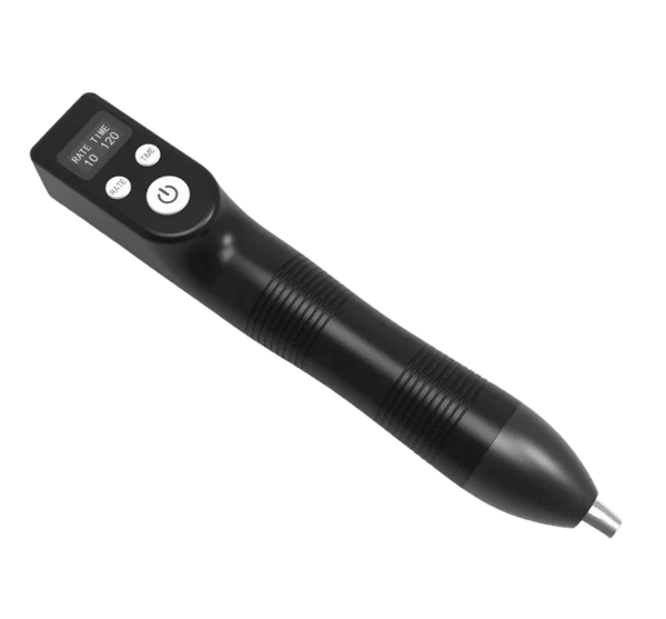 Oceanus PhysioLITE III shockwave therapy device shown in three-quarter view, featuring the ergonomic black design with ribbed grip areas and metallic treatment tip for therapeutic applications