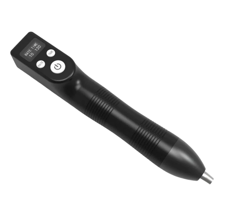 Oceanus PhysioLITE III shockwave therapy device shown in three-quarter view, featuring the ergonomic black design with ribbed grip areas and metallic treatment tip for therapeutic applications