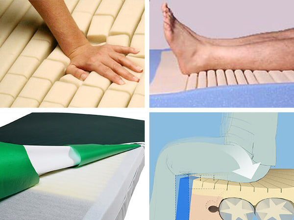 A four-panel collage demonstrating key features: A hand is pressing into the "Geo-Matt" foam blocks to show individual cell movement in the top left, while a patient's heels rests on a specialized, sloped foam section designed for heel offloading in the top right. In the bottom left is a close-up of the multi-layer vapor-permeable cover being peeled back and a diagram in the bottom right shows outer bolsters support a patient during from a seated position.