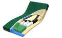 A 3D cutaway illustration of the PressureGuard SpanCare Convertible mattress shown in a raised, seated position. The internal layers include a green "Geo-Matt" foam topper, blue side bolsters, and internal air cylinders.