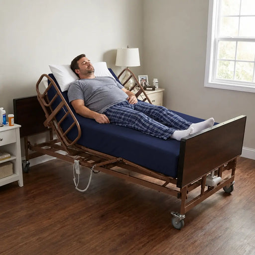Bariatric patient resting comfortably on Proactive Protekt Akra Bariatric 48-inch full electric hospital bed with dark blue mattress, half rails, wood grain headboard, and hand pendant controller in home bedroom setting.