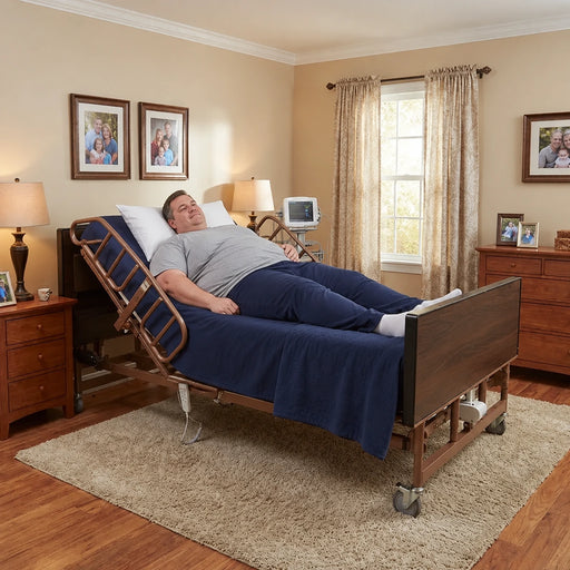 Overweight male patient resting comfortably on Proactive Protekt Akra Bariatric hospital bed with dark navy blue mattress, wood grain headboard, and half rails in warm residential bedroom setting with hardwood floors and natural lighting
