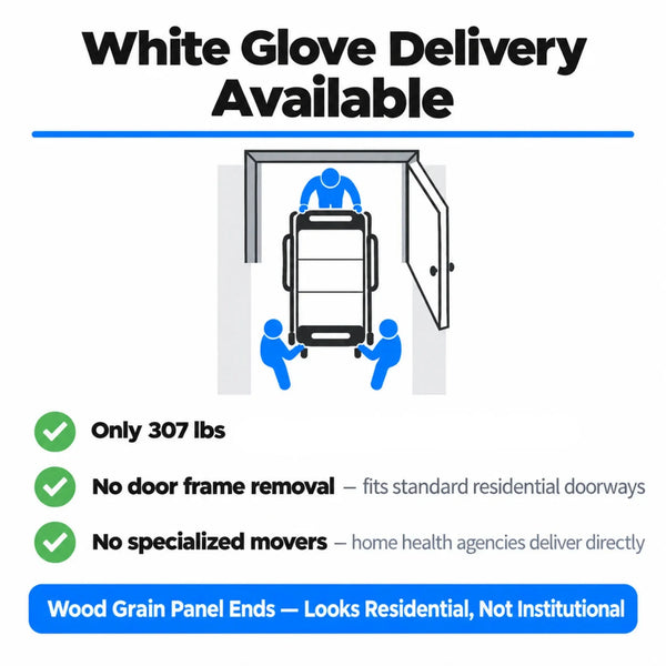 Infographic showing Proactive Protekt Akra Bariatric PMBAB54 residential delivery advantages including only 307 lbs weight, no door frame removal needed, no specialized movers required, and residential wood grain panel design.