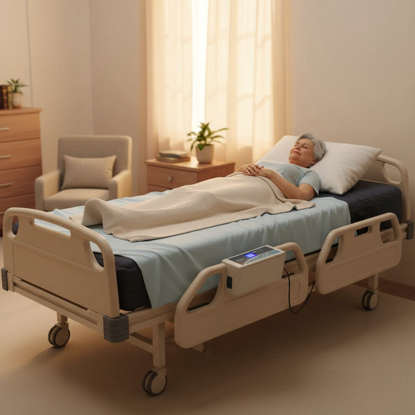An elderly woman resting comfortably on a hospital bed equipped with the Protekt Aire 4000DX low air loss and alternating pressure mattress system. The digital pump unit is visible, attached to the foot of the bed.