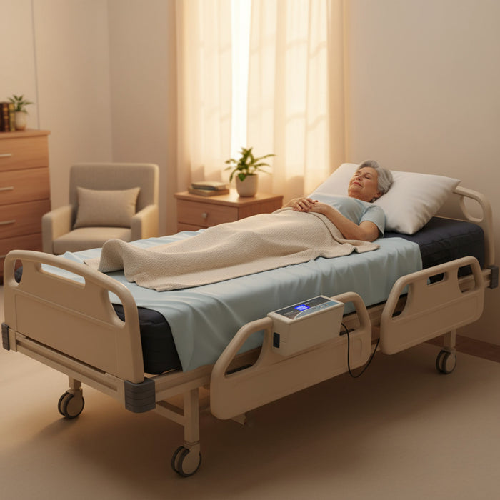 An elderly woman resting comfortably on a hospital bed equipped with the Protekt Aire 4000DX low air loss and alternating pressure mattress system. The digital pump unit is visible, attached to the foot of the bed.