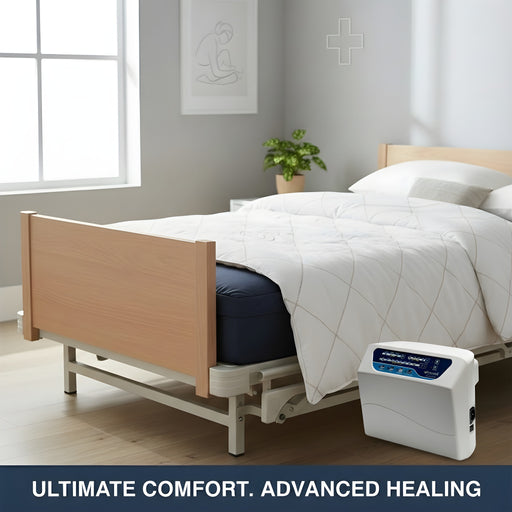 Protekt Aire 6400 system fully deployed showing the alternating pressure mattress underneath a white blanket and white pump/control unit near the hospital bed