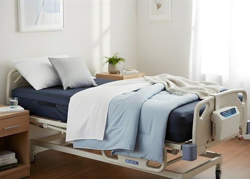 Protekt Aire 6450 air mattress system on hospital bed, with pillows, blankets, and control unit at the foot of the bed
