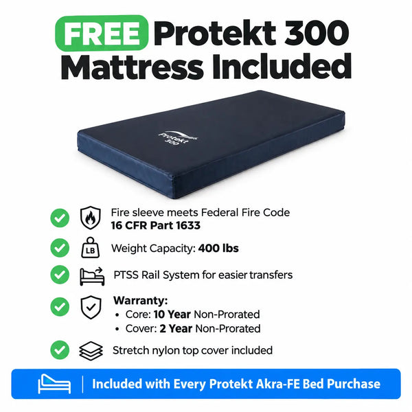 Free Protekt 300 Mattress Included with Protekt Akra-FE Full-Electric Low Bed, 400 lbs weight capacity, fire code compliant, PTSS rail system, stretch nylon cover, 3-year warranty