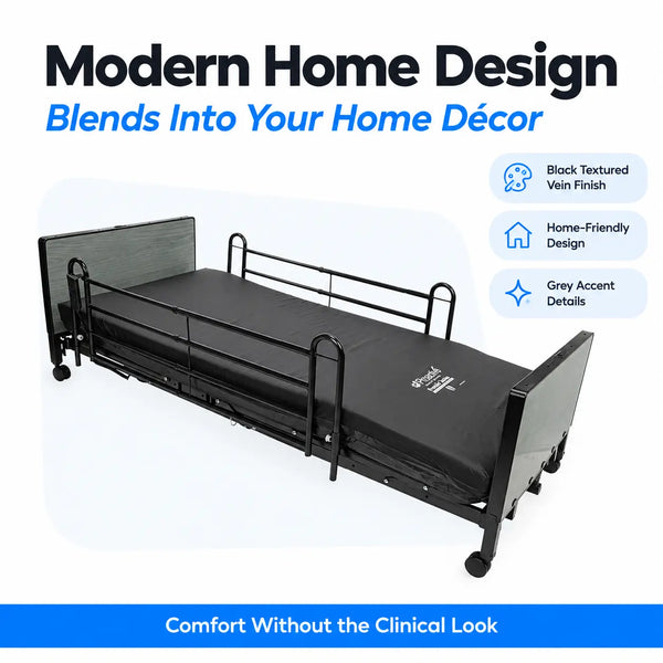 Protekt Akra-FE hospital bed with sleek black textured vein finish and grey accents designed for home décor