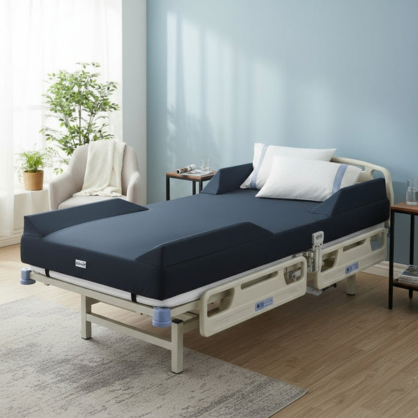 A Protekt Defined Air Mattress System on a hospital-style bed frame in a light blue room. The dark blue mattress cover features raised side and foot perimeters to aid in patient containment and positioning. A white low-profile mattress is underneath the mattress cover.