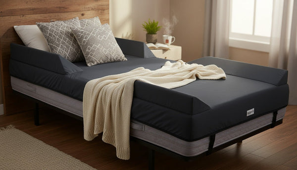 A Protekt Defined Mattress Cover on a wooden-headboard bed frame, presented in a home-like setting. The mattress cover has raised, defined perimeters on both sides, and is placed above a white or light gray-colored mattress. It is attached with straps. A cream-colored knitted blanket and decorative pillows rest on the surface.