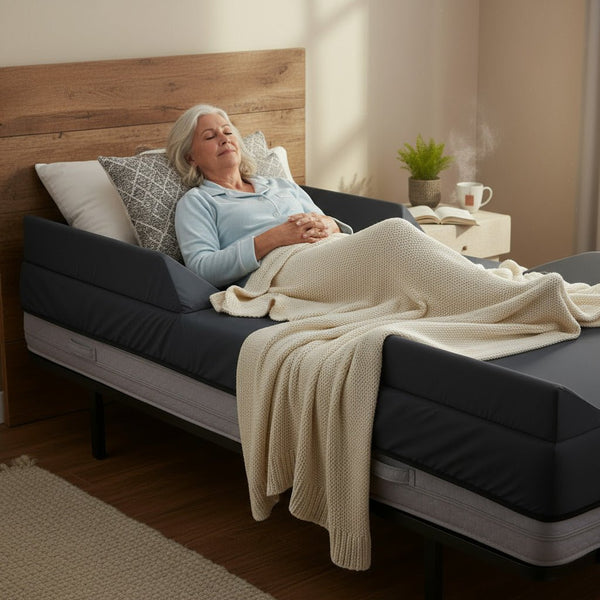 An elderly woman is sleeping comfortably on the Protekt Defined Mattress Cover for Air Mattresses. She is covered with a cream-colored blanket, and the raised, dark gray side perimeters of the mattress are visible, acting as safety bolsters.