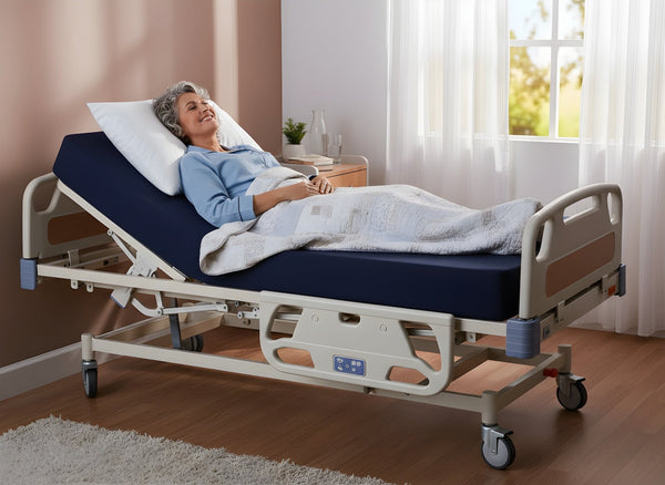 Older woman comfortably resting on a Proactive Protekt Fiber Mattress placed on an adjustable hospital bed in a bright, cozy bedroom