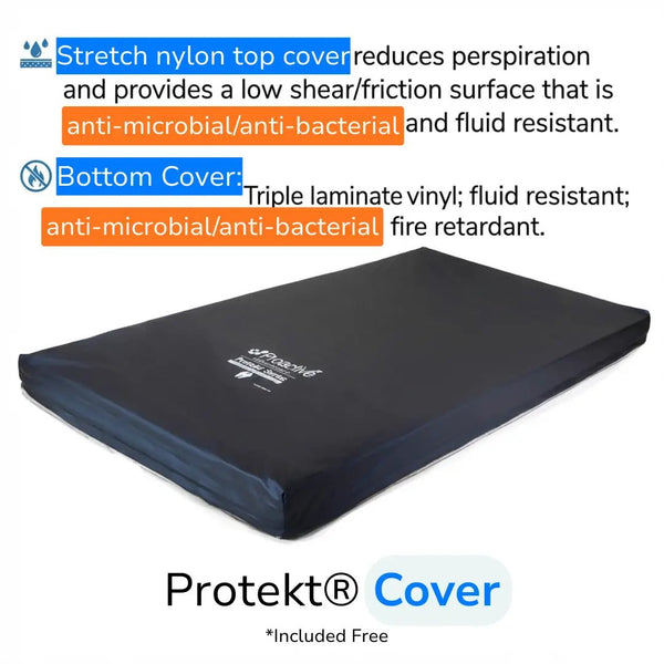Protekt mattress cover with stretch nylon top and vinyl bottom, anti-microbial, fluid-resistant, and low-shear surface for medical mattresses