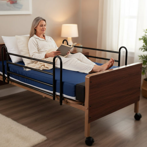 A woman is sitting up in a hospital bed with a dark blue mattress, reading a book. The bed features black metal half-rails and a Protekt Mattress Extender (a black foam block) placed between the mattress and the wooden footboard to lengthen the bed surface.