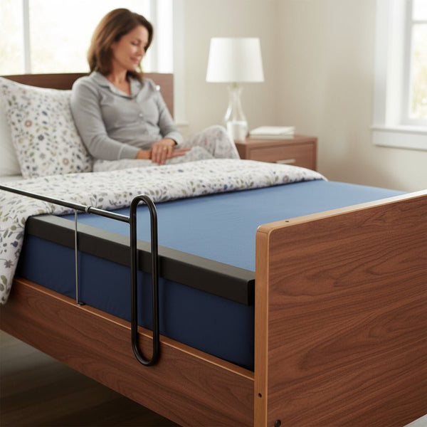 A close-up view of a metal half-rail on a bed with a dark blue mattress. A Protekt Rail Guard (a black, flat, protective bumper) is attached to the metal railing, sitting just above the mattress surface. A woman is sitting in the background.