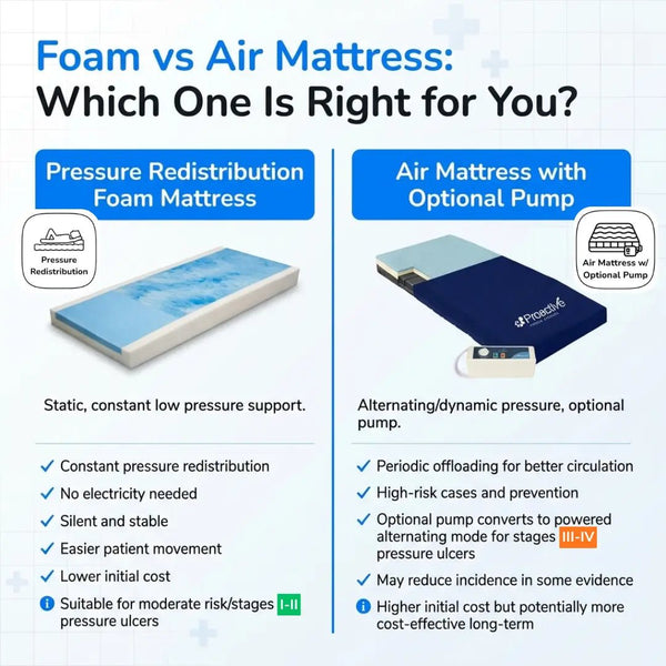 Comparison chart showing foam pressure redistribution mattress versus air mattress with optional pump, highlighting static support for stages I-II and powered alternating pressure for stages III-IV pressure ulcers.