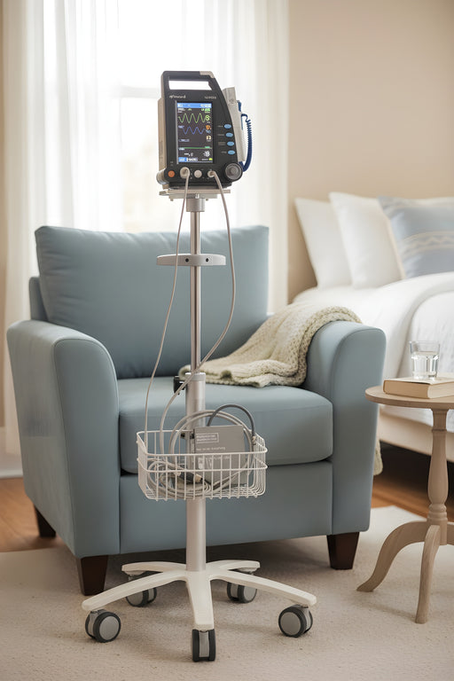 Protekt VX 5000 vital signs monitor on rolling stand placed in a home care setting next to a chair and small table