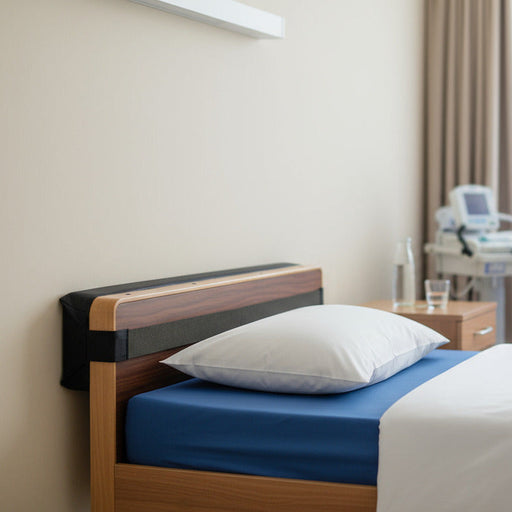 A hospital bed set up with a Protekt Wall Guard attached to the wooden headboard, protecting the wall behind it.