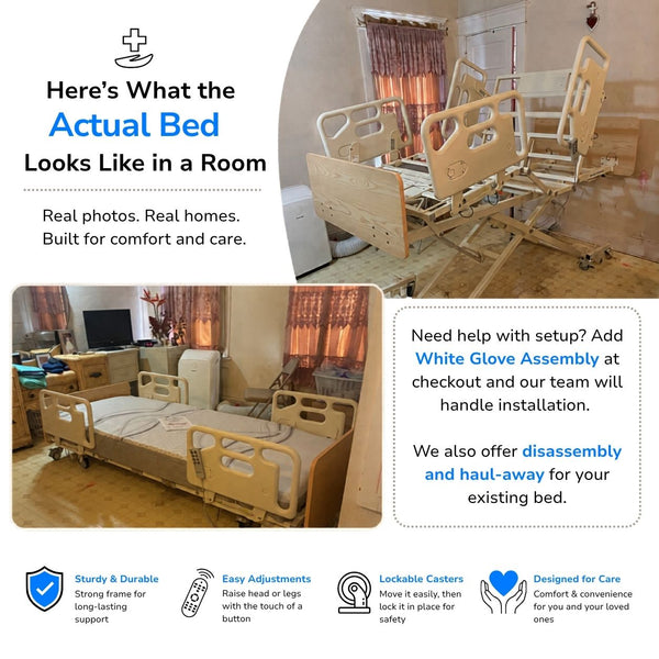Protopia hi-low hospital bed in a home setting with promotional text about availability and assembly services.
