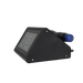 A side profile view of the Radialspec Neo, showing the triangular shape of the base and the silver assembly screws. A black handpiece with a blue applicator tip is docked horizontally on the top-rear cradle.