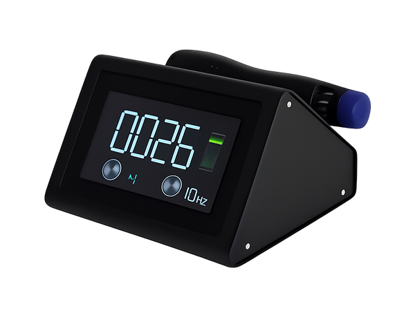 A high-resolution version of the Radialspec Neo with the background removed (transparent). The device is a compact, black wedge-shaped unit featuring a large digital display showing "0026," a frequency setting of "10Hz," and a green battery indicator. A black handpiece with a blue applicator tip is docked horizontally on the top-rear cradle.