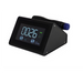 A slightly angled view of the Radialspec Neo displayed against a plain white background. The device is a compact, black wedge-shaped unit featuring a large digital display showing "0026," a frequency setting of "10Hz," and a green battery indicator. A black handpiece with a blue applicator tip is docked horizontally on the top-rear cradle.