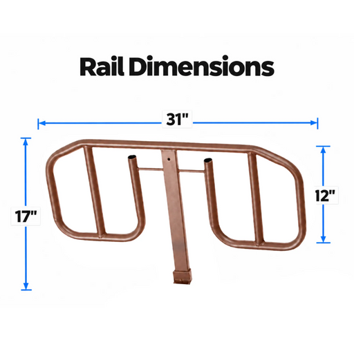 Half-length side rail dimensions for Proactive Protekt Akra Bariatric hospital bed model BP-HRBA showing 31 inches wide by 17 inches tall by 12 inches deep, brown metal construction with rounded safety edges, compatible with 42-inch, 48-inch, and 54-inch bed models.