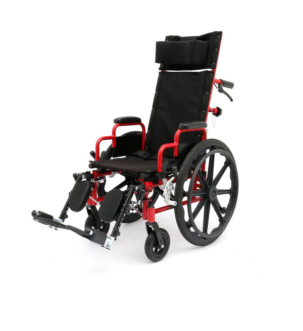 Three-quarter view of a red Ziggo Pro wheelchair with a 14-inch seat width and a 200 lb weight capacity, showing the sturdy frame and high-back support system.